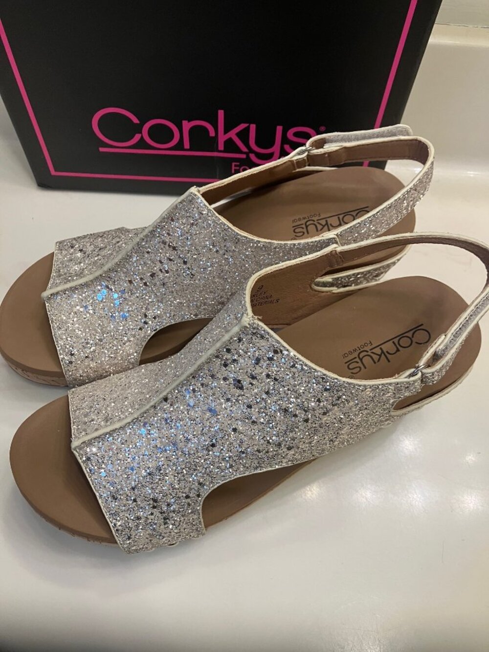 NIB Corky's Wedge Sandals Champagne Glitter Color Size 9